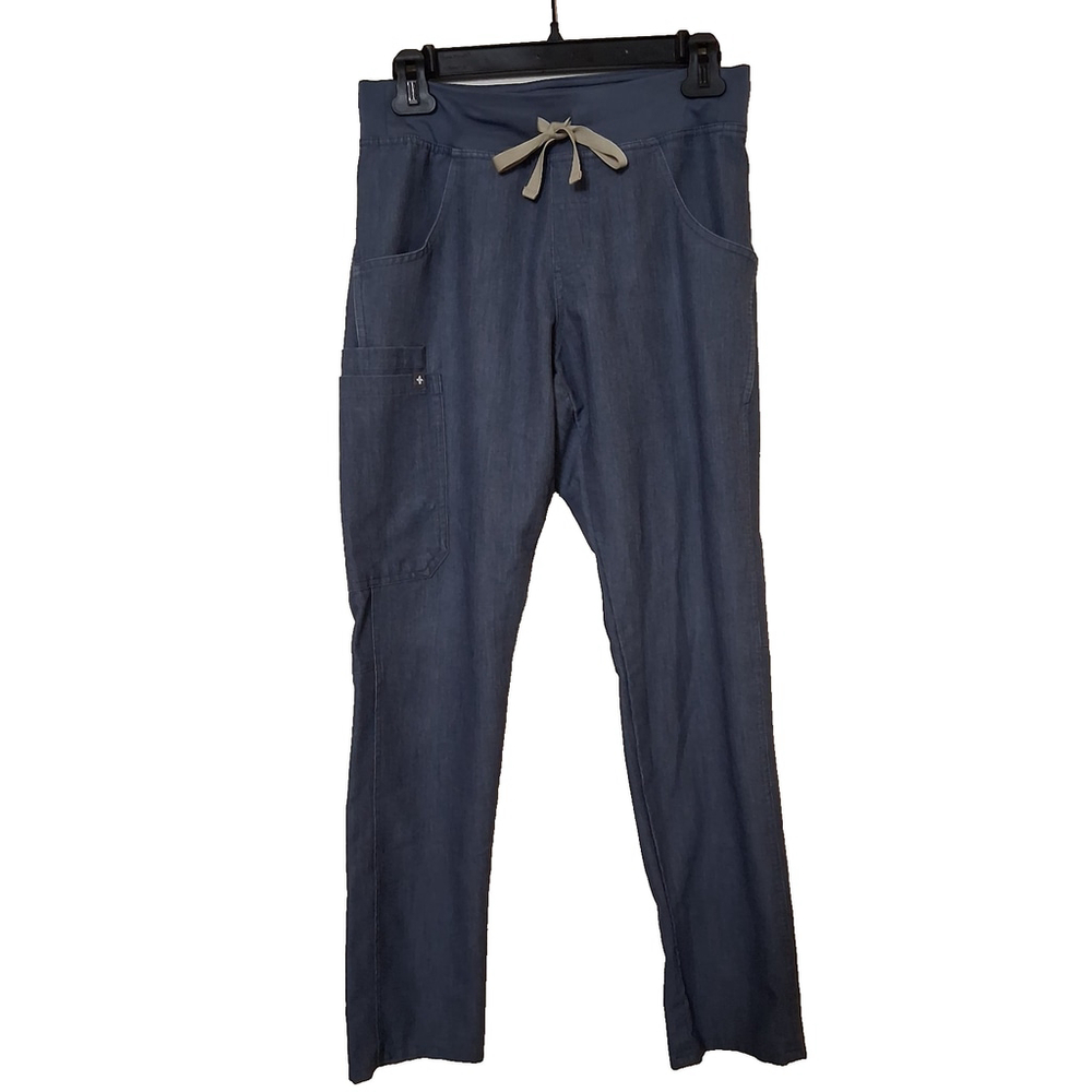 Figs Chambray Kade Cargo Scrub Pants Womens Pull On Straight Leg Size XS Blue